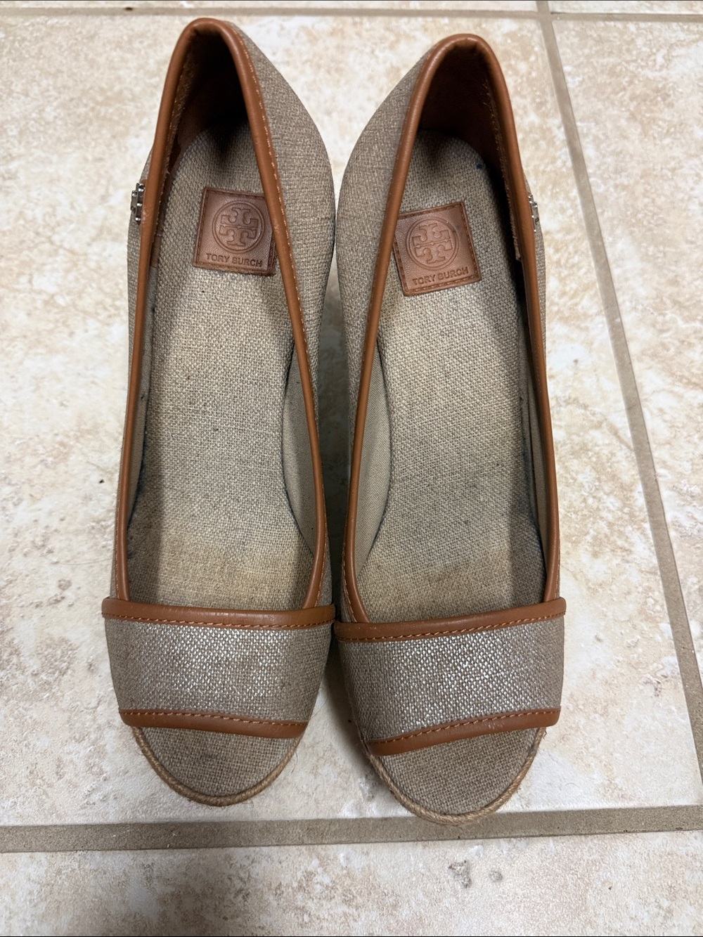 Tory Burch Beige Canvas Flats with Tan Leather Trim